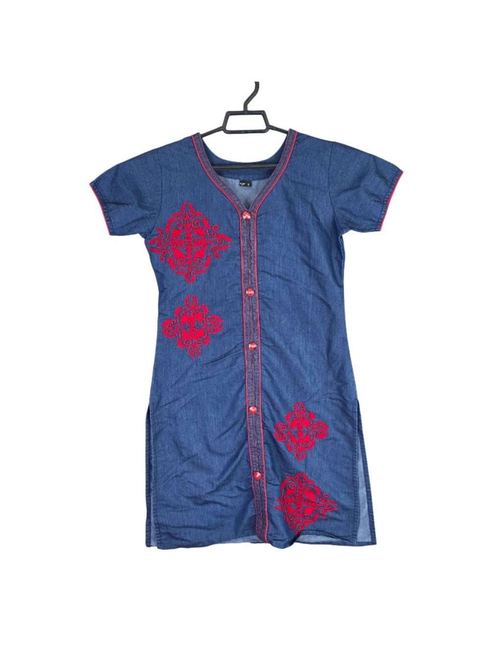 Womens Blue Denim Dress w/ Red Embroidery Button Front Short Sleeve Size S